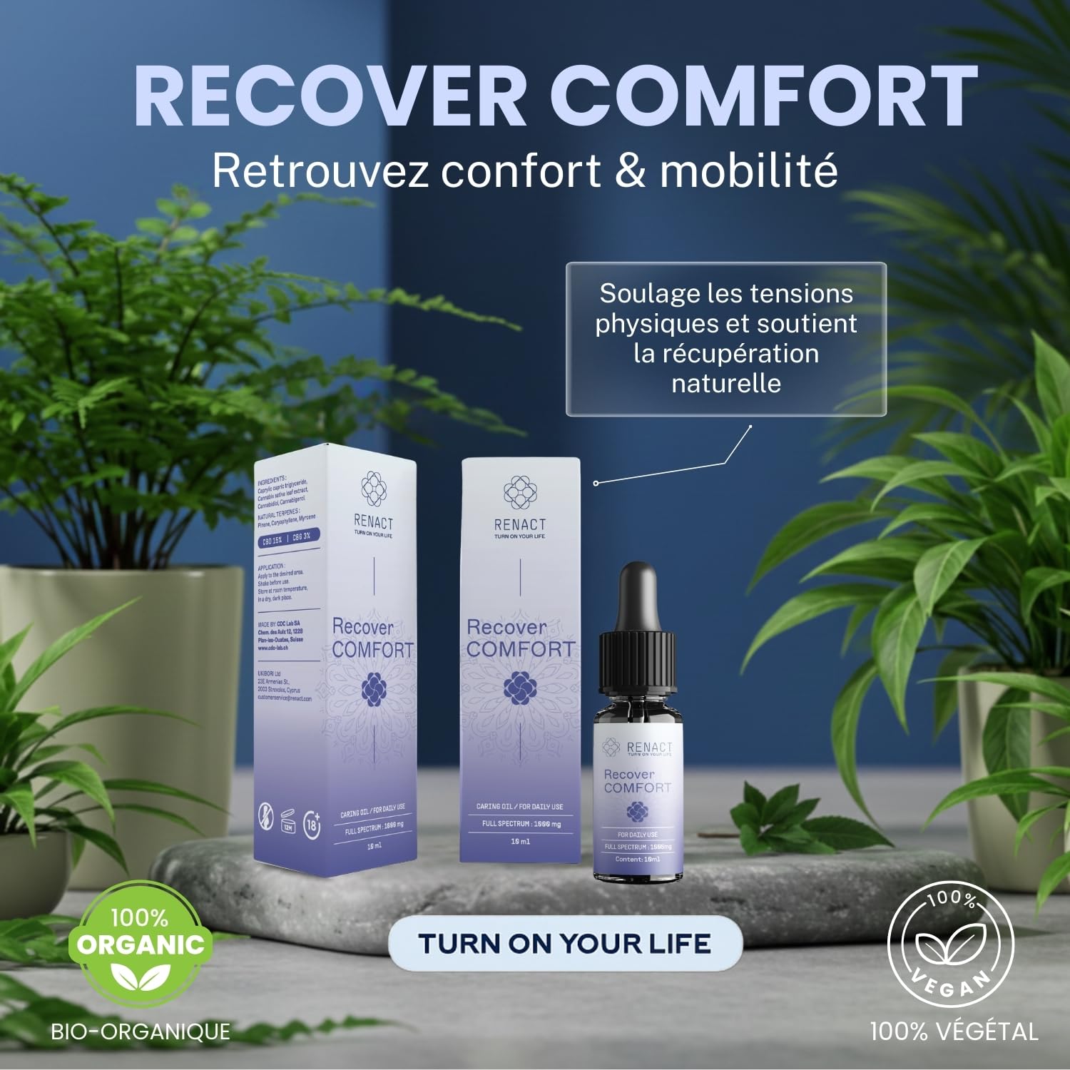 Recover Comfort - Aceite de semilla de cáñamo orgánico prensado en frío, 100% vegetal, fabricado en Suiza, 10 ml