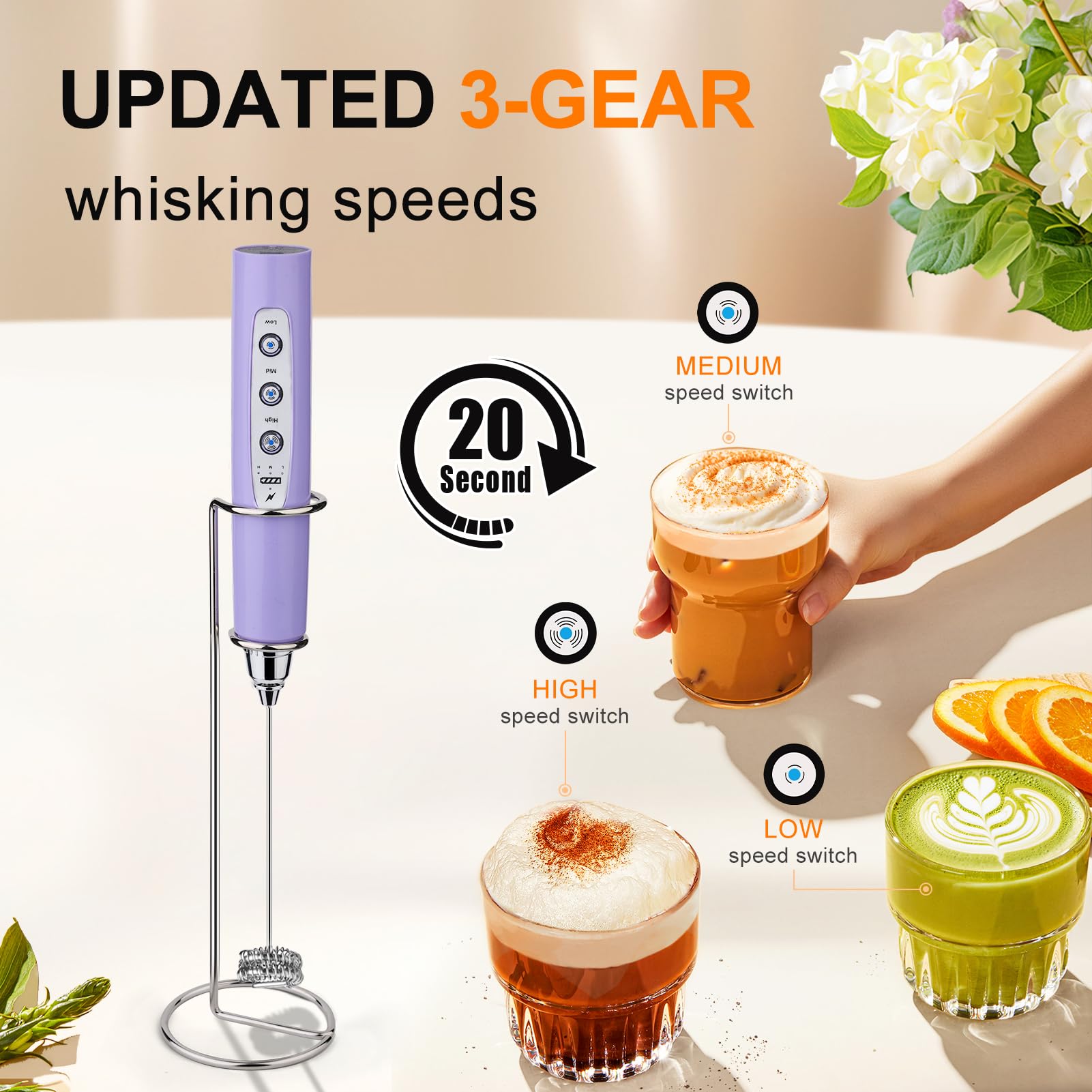 YUSWKO Mousseur à lait rechargeable pour café avec support, mélangeur portatif avec 3 têtes, 3 vitesses, agitateurs électriques pour latte, cappuccino, chocolat chaud, œuf – Violet clair