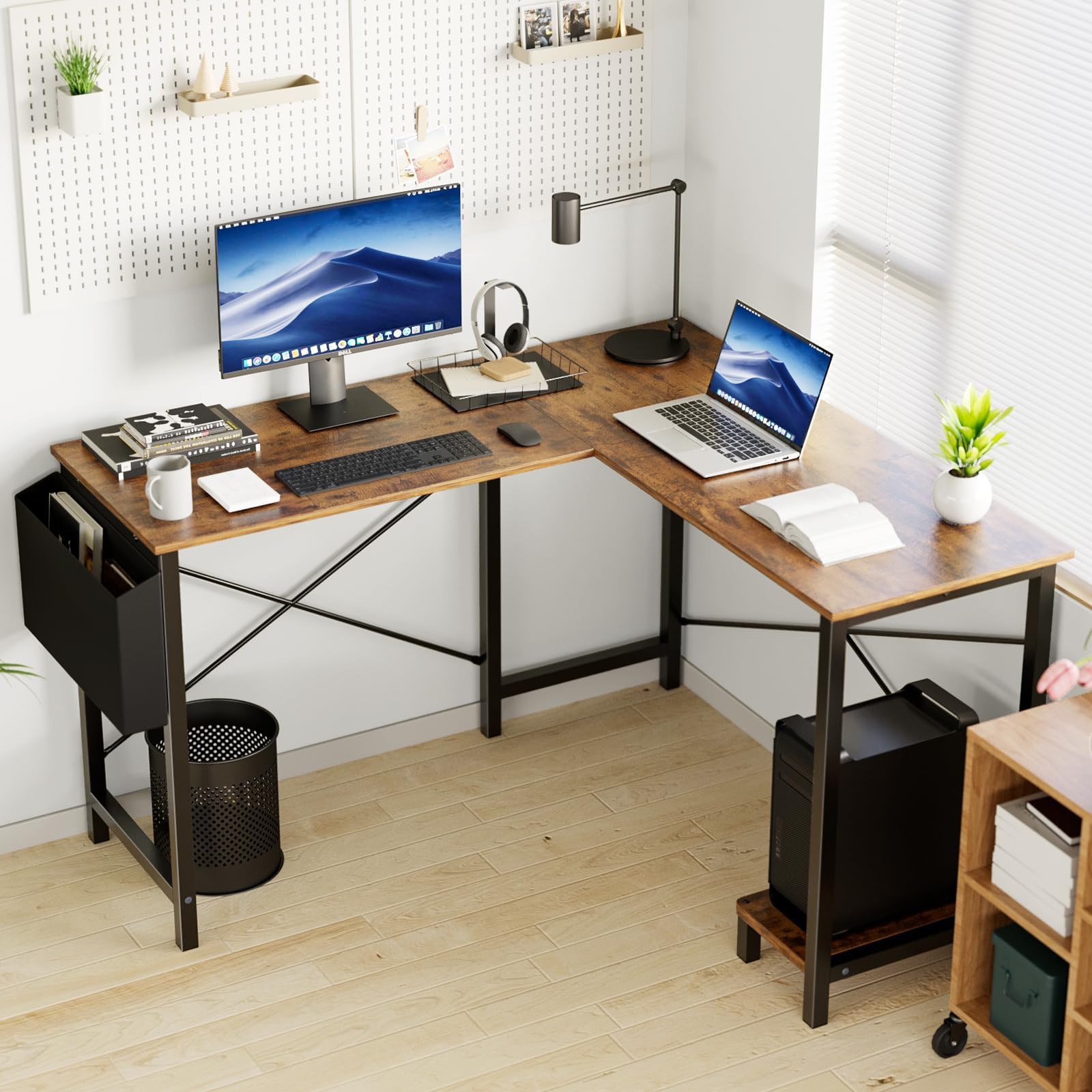 Elevon L Shaped Desk Gaming Computer 50 Inch Reversible Corner Table PC Work Table for Writing Study Student with Wood Tabletop Metal Frame CPU Stand Side Bag for Home Office Small Place