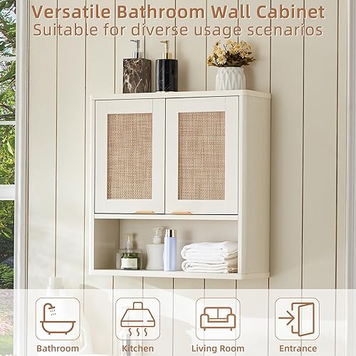 Miniatura 5 de LEYAOYAO Armario de pared de baño de ratán, boho, boho, con estante y puertas ajustables, armarios de almacenamiento sobre el inodoro, organizador