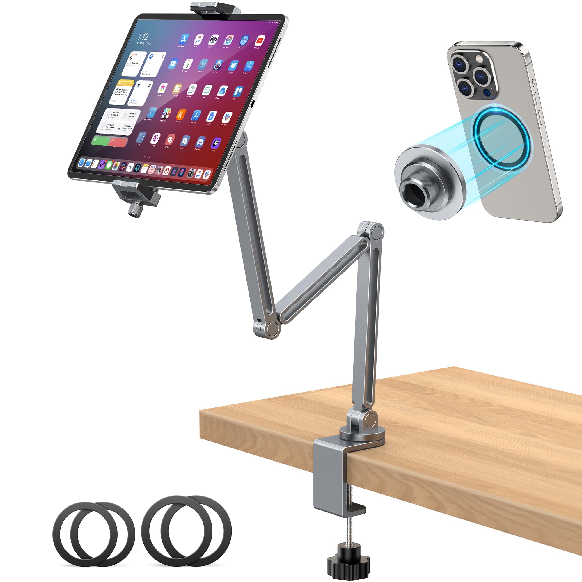 AboveTEK 2-in-1 iPad Stand for Desk Aluminum iPad Holder Arm with Clamp Magnetic Ring Head 360 Adjustable Tablet
