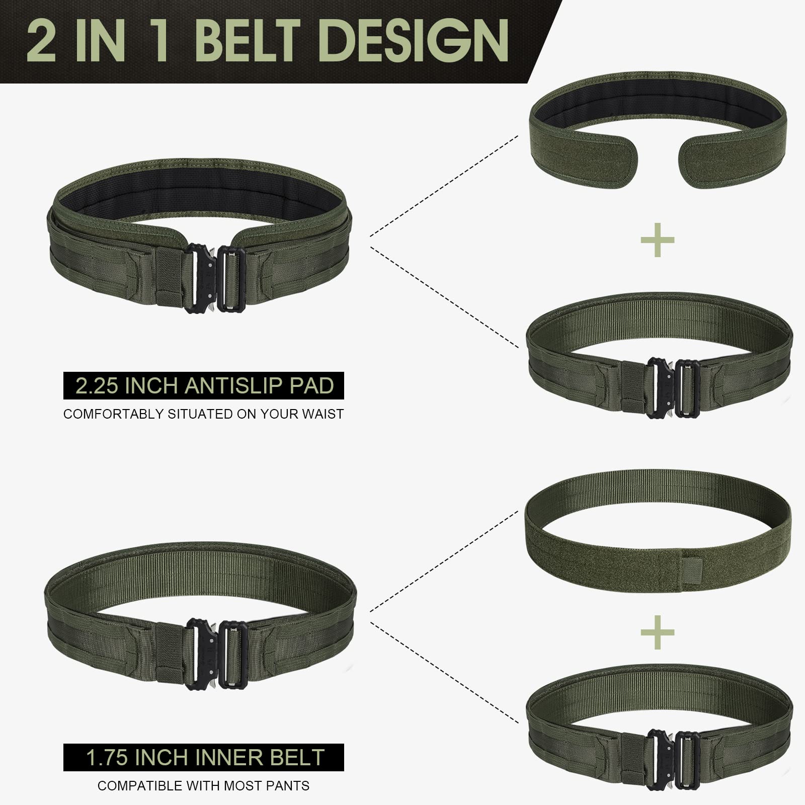 AIKATE Tactical Belt - Molle, Battle, Quick Release Rigger Combat Belt 1.75 & 2.25 Inch Inner & 2.0 Inch Outer Heavy Duty