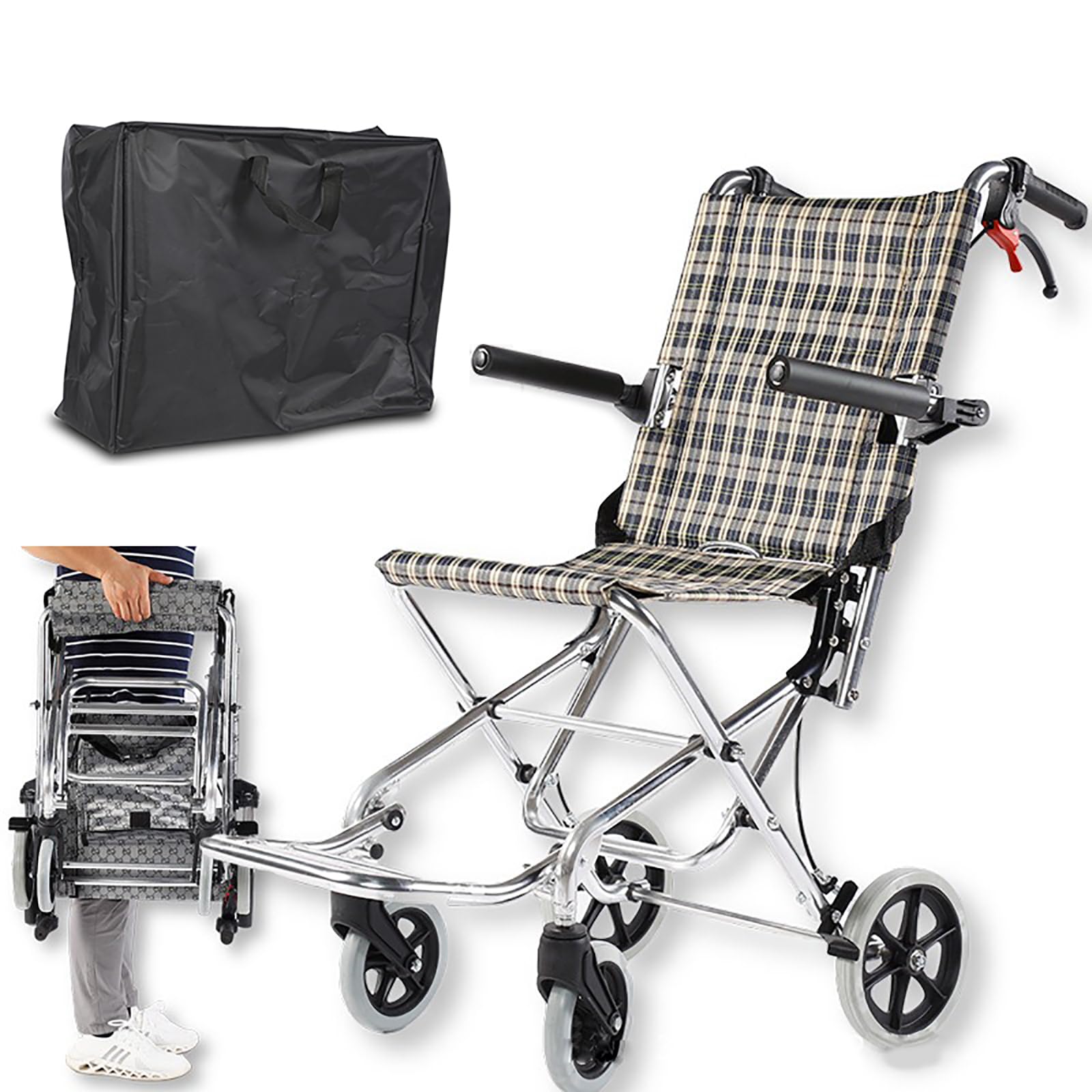 Silla de Ruedas de Transporte Plegable Ultraligera para Adultos, Pesa Solo 18 lbs con Bolsa de Transporte incluida, para Personas Mayores y Viajes,Checkered