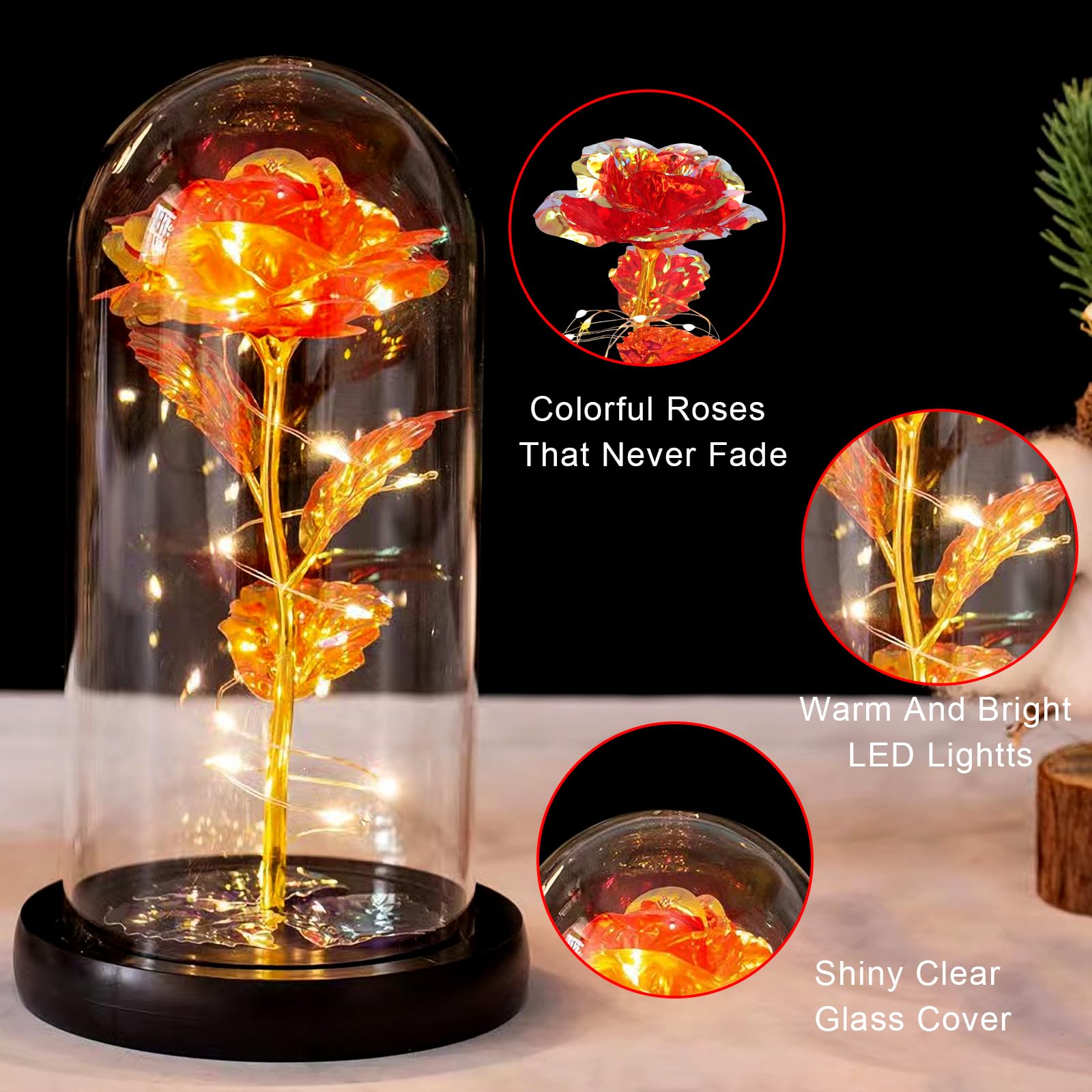Rosa Eterna Bella E Bestia In Cupola Di Vetro Con Luci LED - Regalo Romantico Per Lei - Foto 4