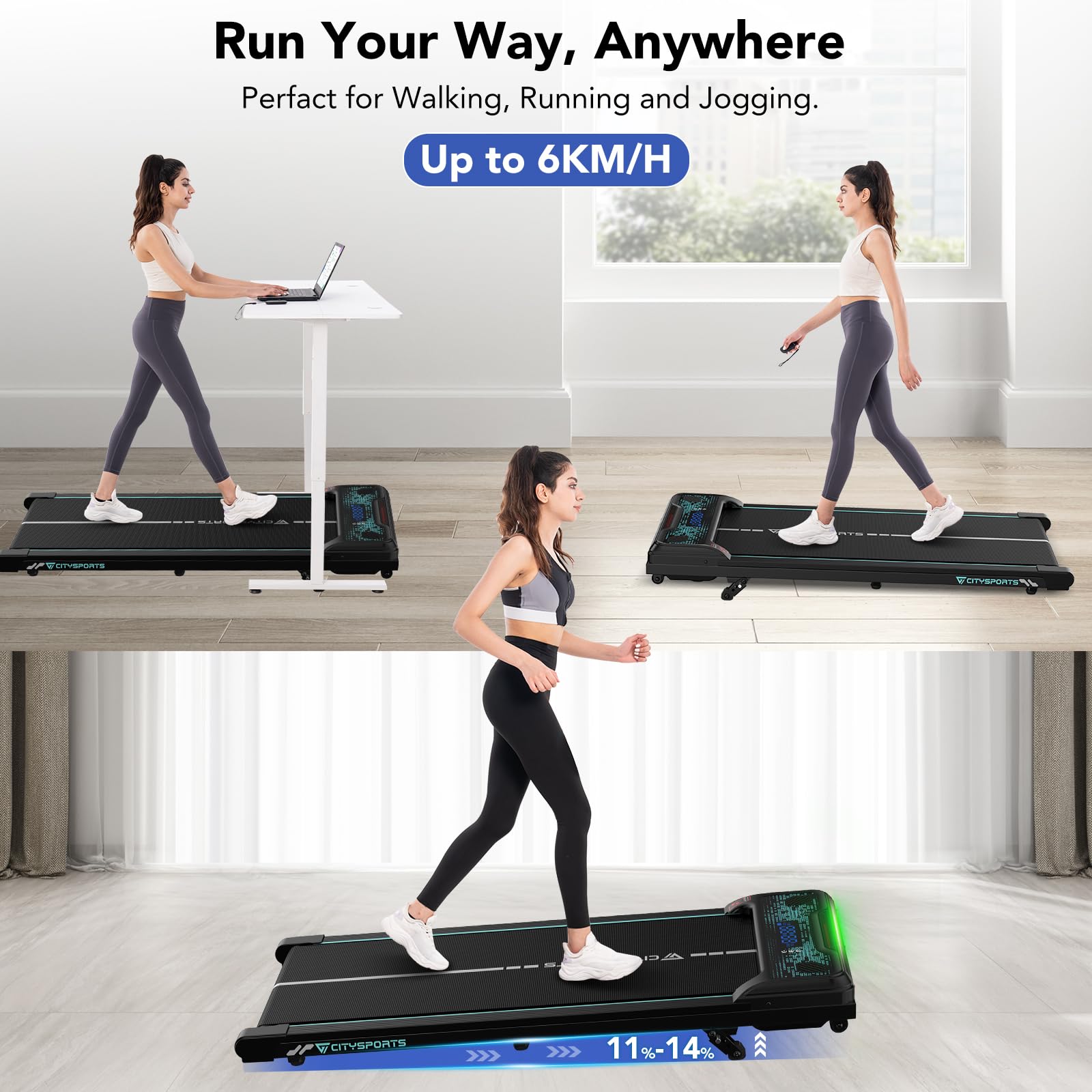 CITYSPORTS Tapis de Course Électrique Inclinable 11–14%, Tapis Roulant Silencieux 1–6 km/h, Écran LED, avec Télécommande, Tapis de Marche pour la Maison et Le Bureau