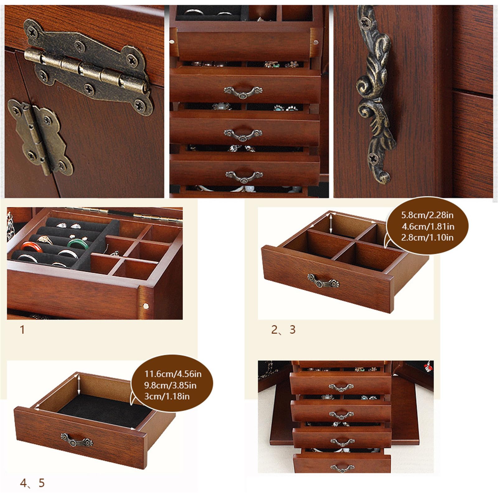 Joyero de madera, 5 niveles, grande, vintage, joyero de madera, gran capacidad, organizador para pendientes, cadenas, almacenamiento de joyas