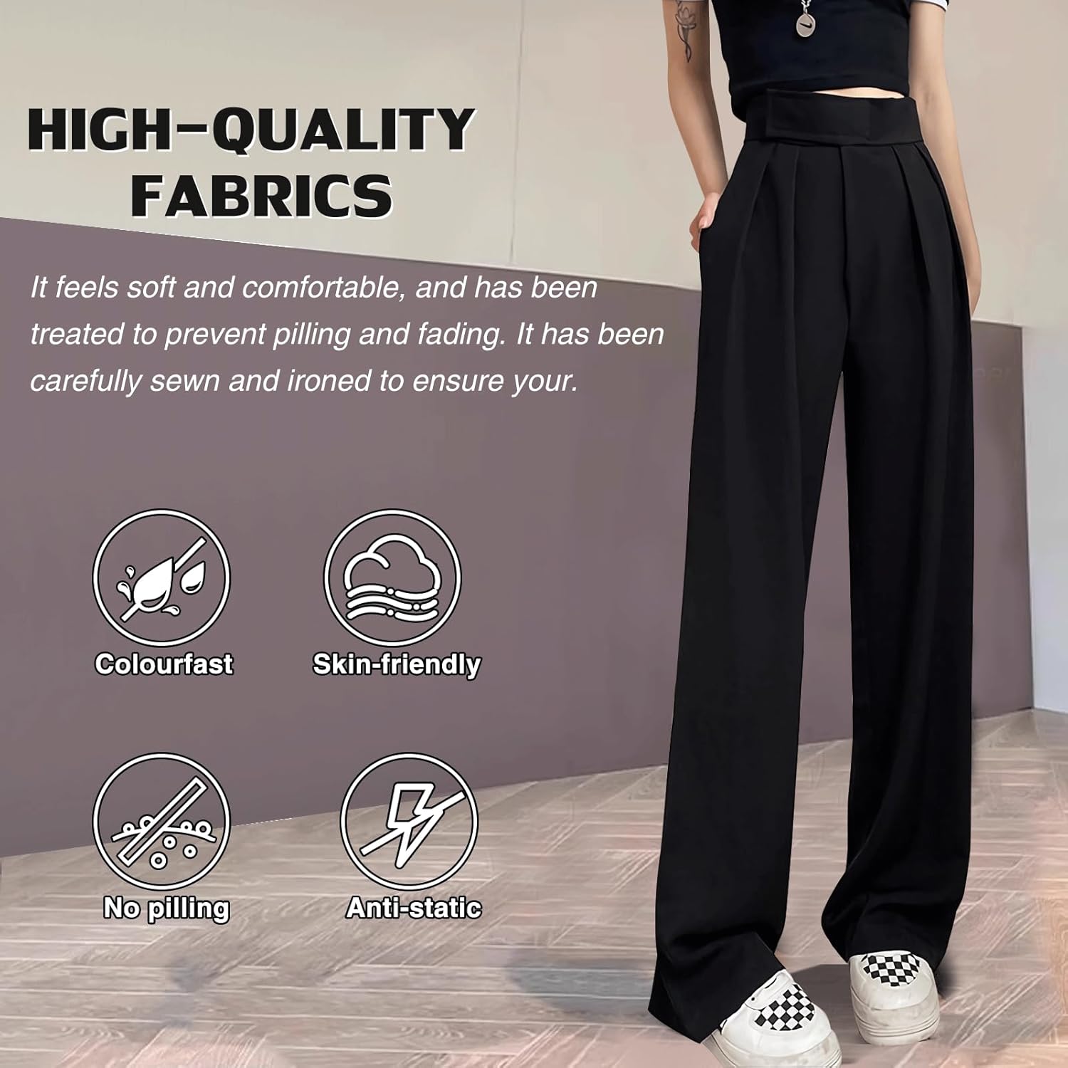 Suit Trousers for Tallwomen, Extra Long Inseam, Womens Casual Black Business Pants with Hook and Loop Waistband