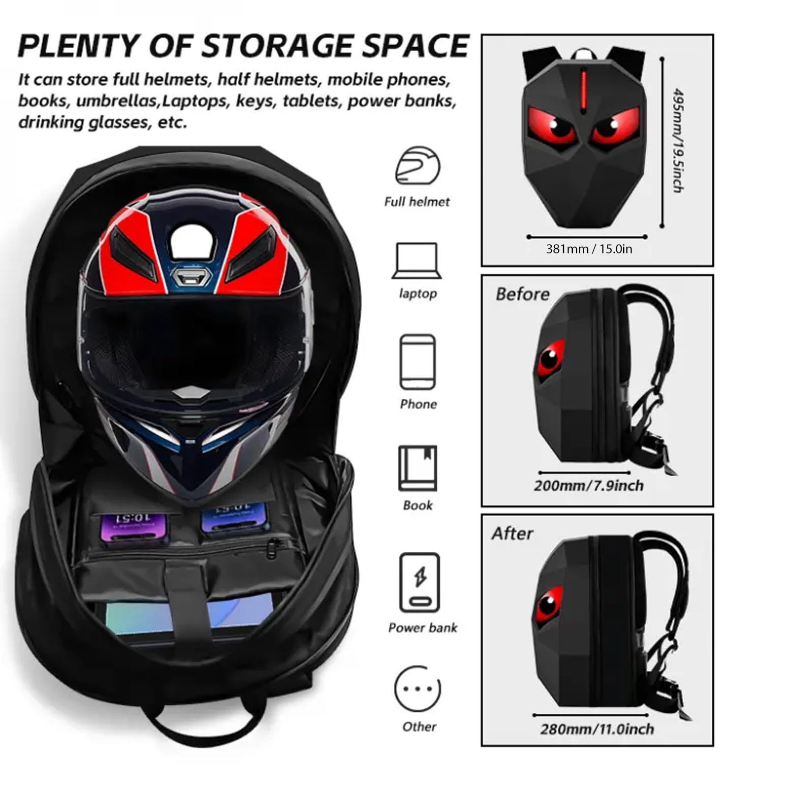 Asixxsix LED-Rucksack, Programmierbarer Motorrad-Rucksack mit LED-Augen, Wasserdichte Hartschalen-Motorradtasche, Farbbildschirm, DIY-Laptop- für Reiten, Radfahren, Reisen