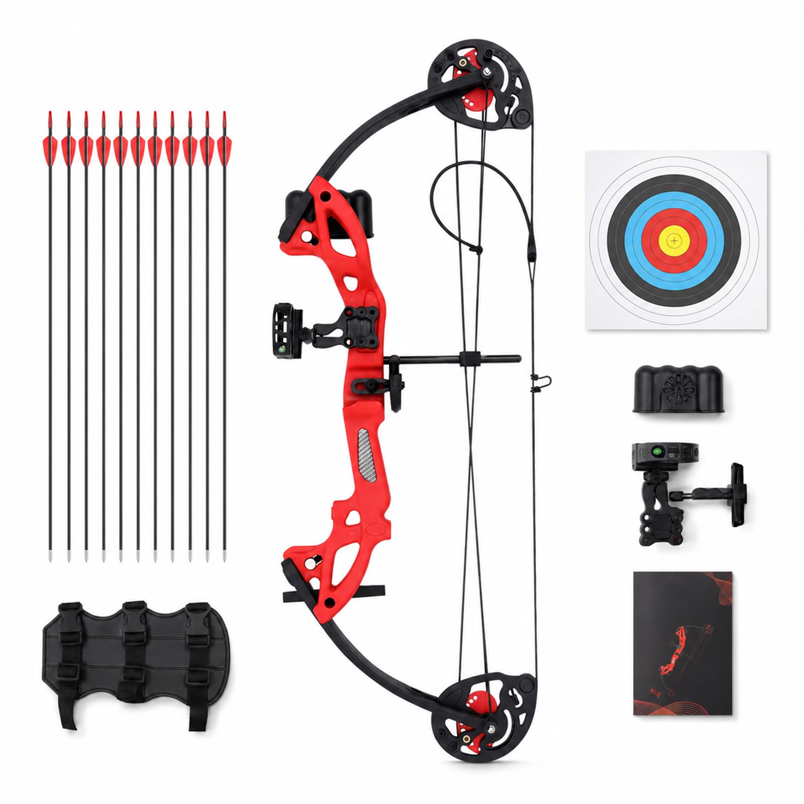 Pfeil und Bogen Kinder Set mit Visier Armschutz Auflage | Einstellbar 16-29 Lbs Zuglänge (19,3-28,4 Zoll) für Jugendliche Und Einsteiger für Rechtshänder (Rot)