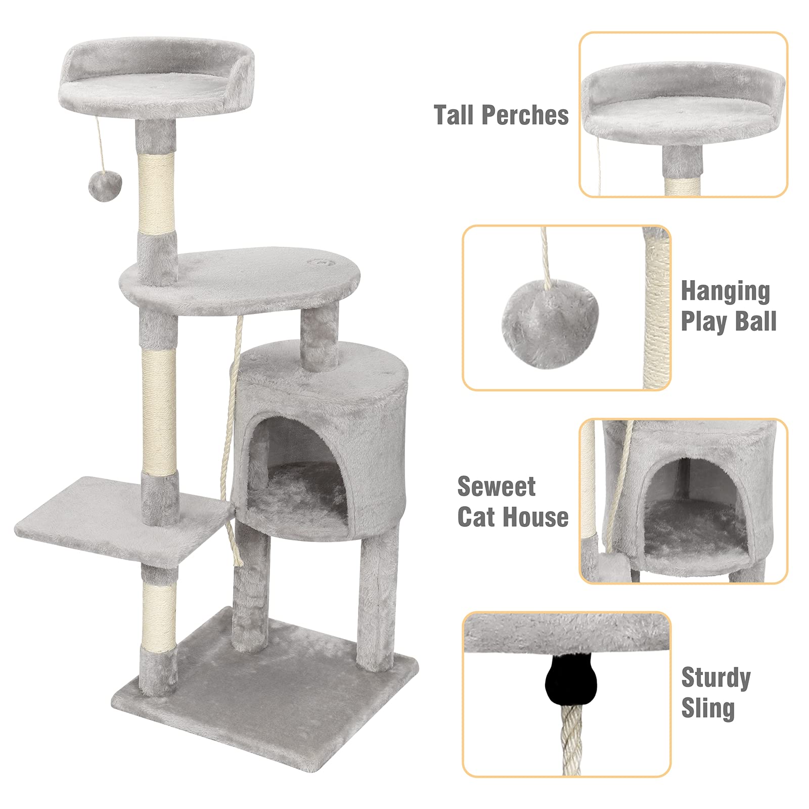 Albero tiragraffi per gatti altezza 112 cm – grotta per lettino, superfici di appoggio, scala e tronchi in sisal, stabile albero da arrampicata per gatti (grigio)