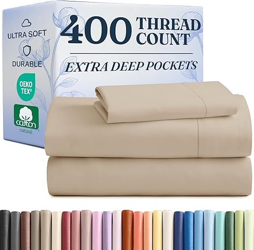 Juego de sábanas de 3 piezas con bolsillos extra profundos de 400 hilos, 100% algodón, 3 piezas, transpirable y refrescante, juego de sábanas de