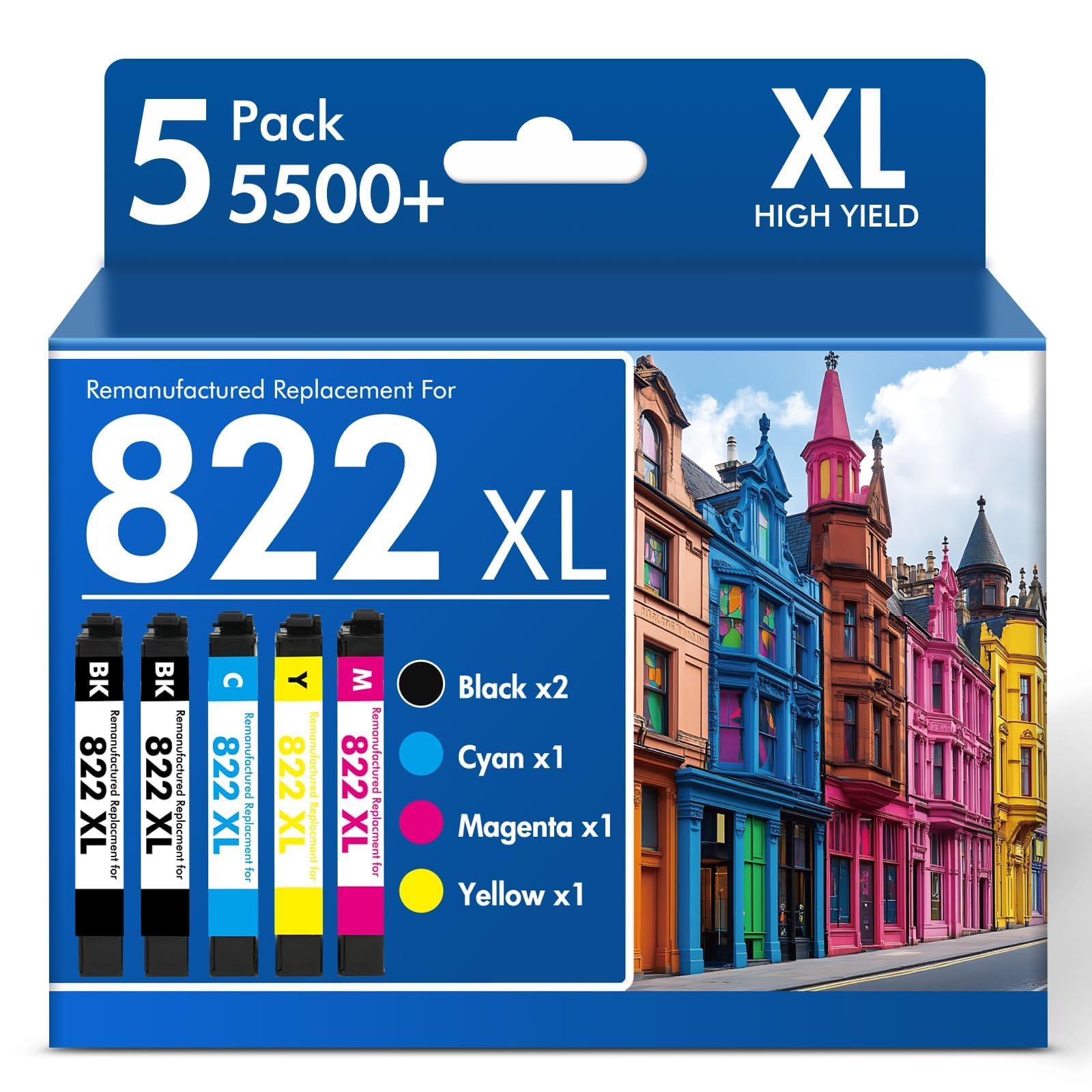 Remanufactured Compatible for 822XL Ink Cartridge Combo Pack for 822 for Epson WF-3820 WF-4830 WF-4820 Workforce Pro WF3820 WF-4833 WF-4834 WF-3823 WF 3820 4830 4820 Printer (5 Pack, 2BKCMY)