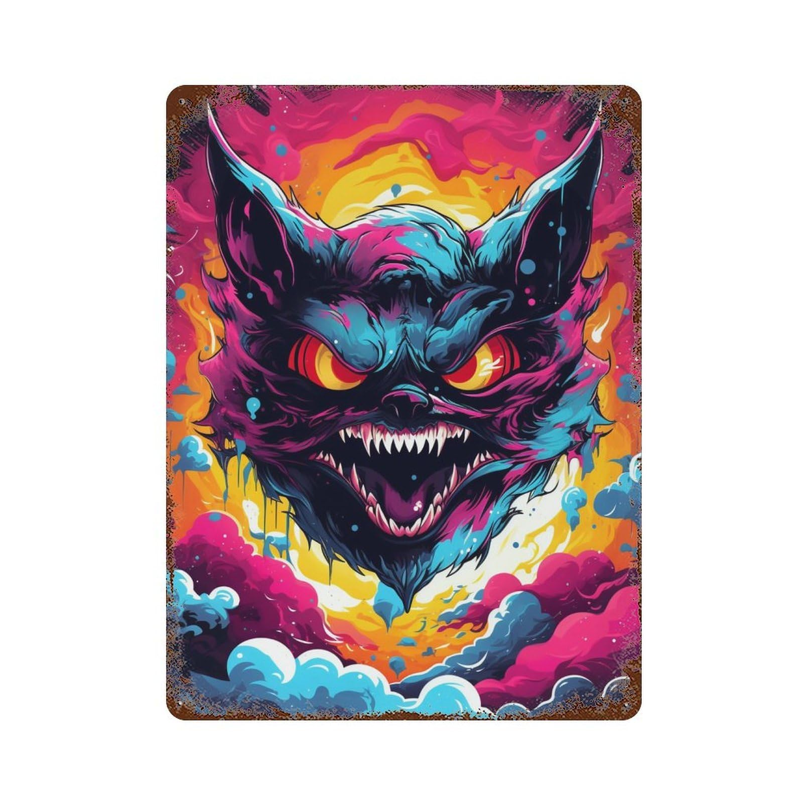 Fiery Demon Head Art Print 15.7"x11.8" Aged Metal Wall Plaque, Retro Wall Decor for Farmhouse, Kitchen And Entryway Decor