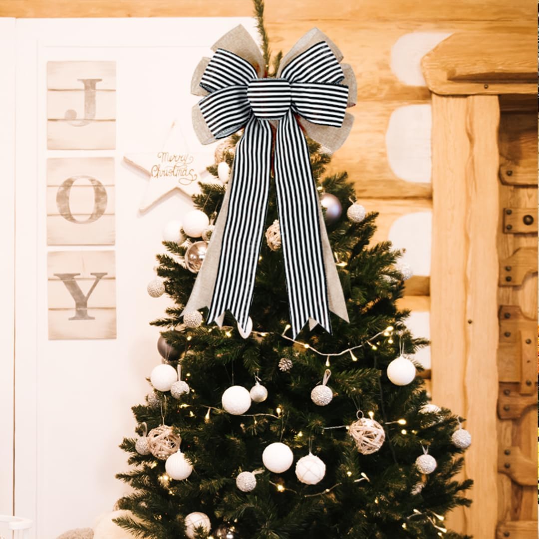 2 Pack Black White Stripe Burlap Fall Bows for Wreaths Decorations,Rustic Farmhouse Crafts Bow Wrapping Tree Topper Wedding Holiday Birthday Party Wall Home Front Door - Image 6