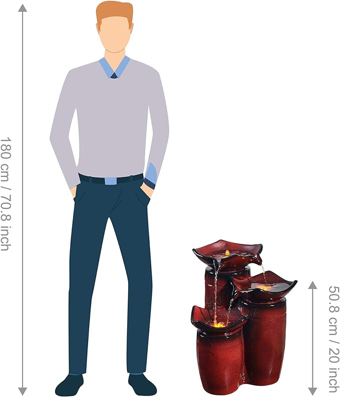 Overall, the Teamson Home 3 Tiered Floor Water Glazed Pots Fountain is a stunning piece that will enhance the aesthetic of your outdoor space while providing a calming presence. The combination of the gradient red pots, LED lights, and flowing water creates a visually appealing and serene atmosphere for you to relax and unwind in your own backyard. Description by ChatGPT.