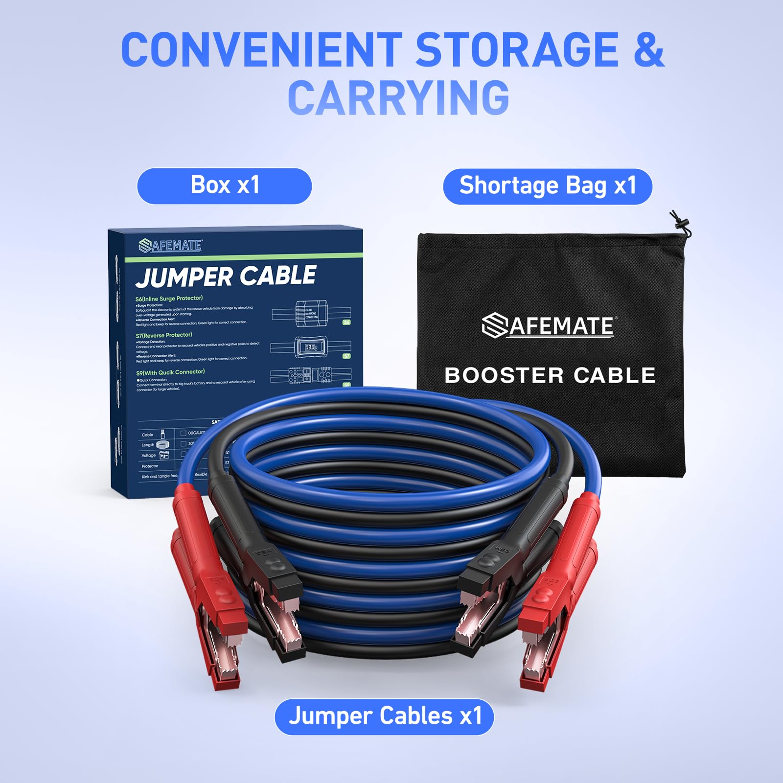 SAFEMATE Cavi di avviamento per veicoli da 12 V e 24 V, cavi di avviamento per veicoli da 12 V e 24 V, cavi di avviamento per batterie scariche o deboli, kit di cavi jumper con borsa per il trasporto