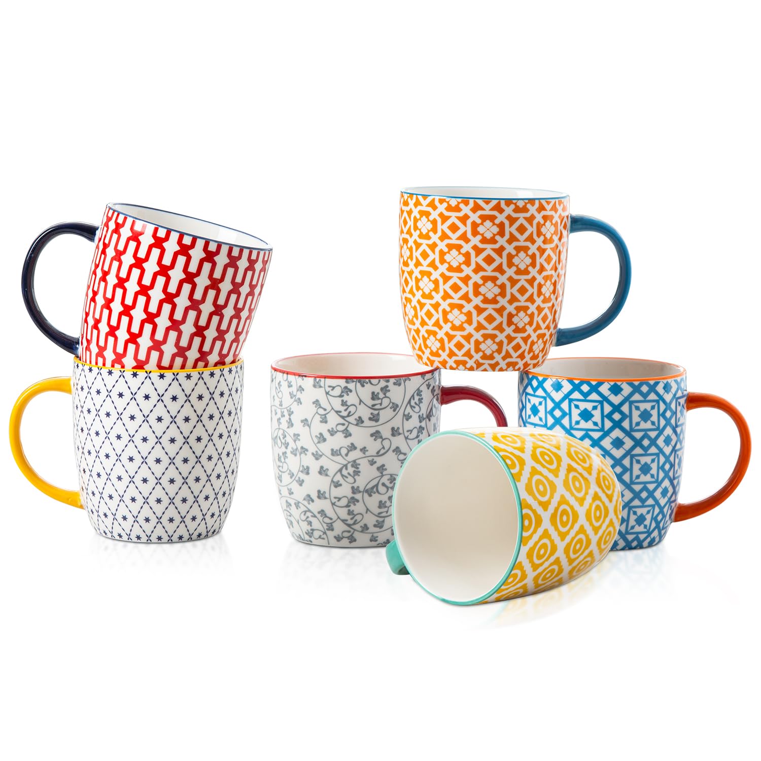 Keramik Kaffeebecher Set - 350 ml große Porzellan Teetassen mit Henkel für Cappuccino Latte Kakao Milch Tee - Weihnachten Housewarming Geschenk - Set von 6 - Bunt