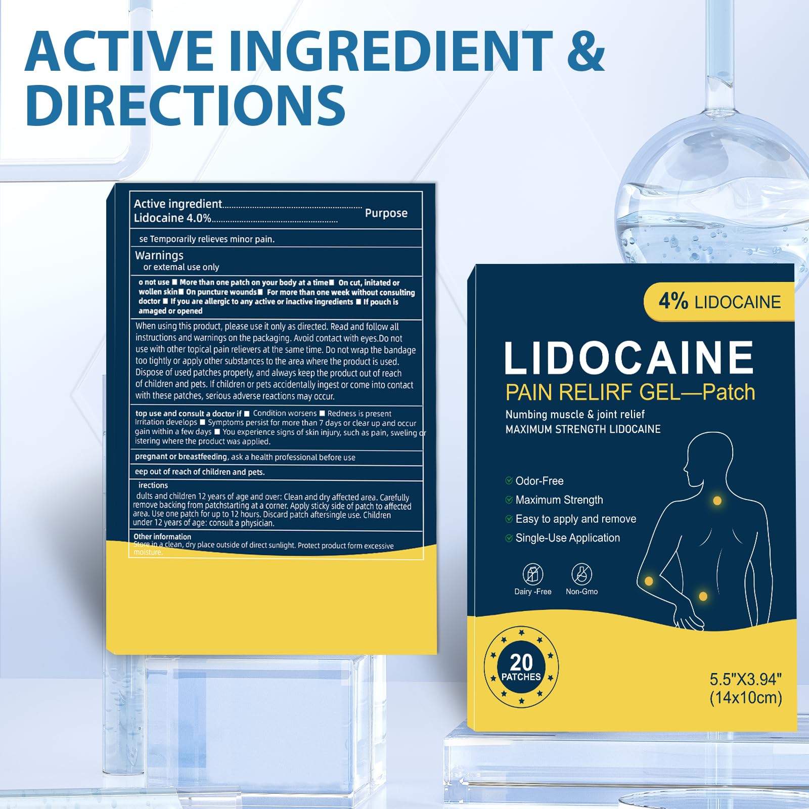 4% Lidocaine Maximum Strength Pain Relief Patch, Used toTreatment Back Knee Neck Joint Ache Muscle Soreness Topical Analgesic, 20 Patches-E2 — view 4