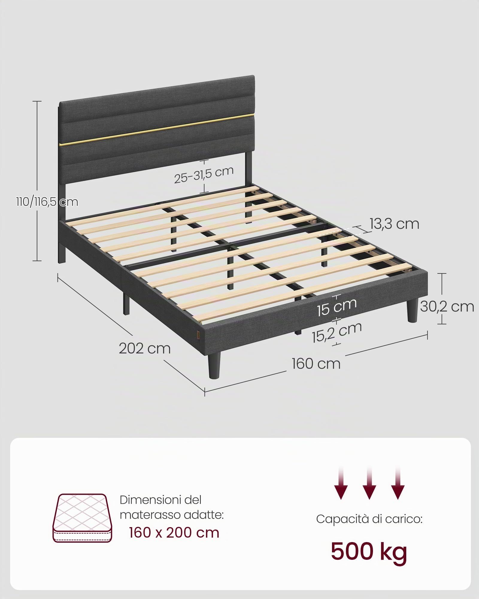 VASAGLE Struttura Letto Matrimoniale, Telaio Letto, per Materasso 160 x 200 cm, Testiera Imbottita Regolabile, Metallo e Legno, Moderno, Grigio Ardesia RMB505G01