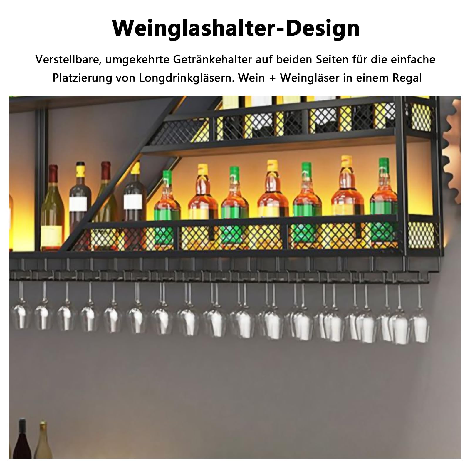 Metall Weinregal zur Wandmontage mit LED-Beleuchtung und modularen Weinflaschenhaltern, inklusive Gläserhalter, multifunktionaler Präsentationsregal für Zuhause/Bar/Küche (schwarz, 2 Meter)