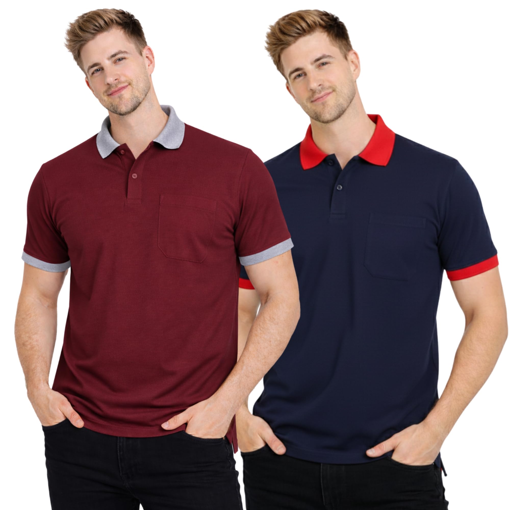 sman Polo Neck T-Shirt Combo Pack of 2 for Men & Boys | Half Sleeve Contrast Collar Tee with Pocket | Spun Matty Fabric Regular Fit | Casual & Office Wear | Sizes S to 6XL | FX_PO2_MCR_CNT_MRN-picture-45