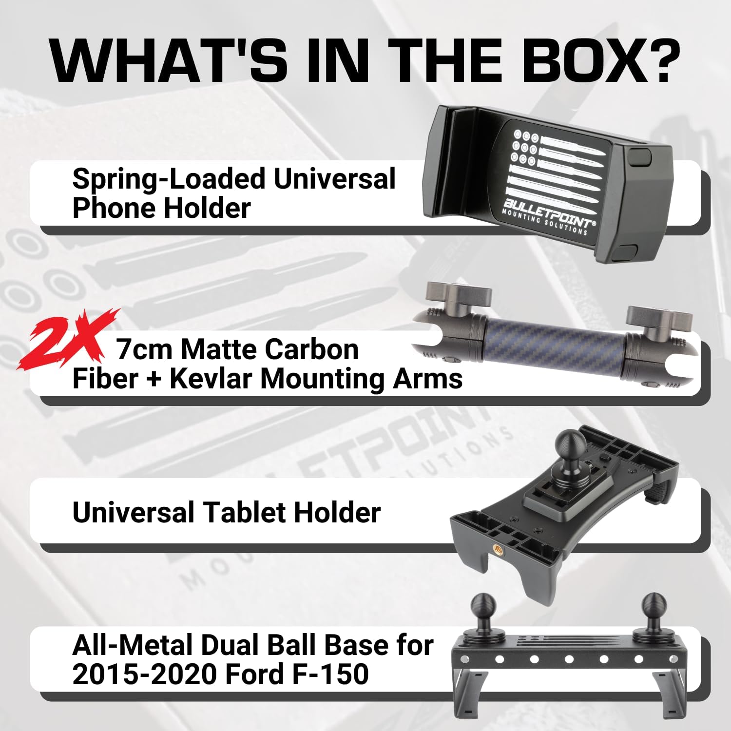 Bulletpoint Metal Dash Mount Phone + Tablet Holder Bundle Compatible with 2015-2020 Ford F150 & 2017-2022 F250/F350 Super Duty - Dual 20mm Ball Dash F150 Phone Mount