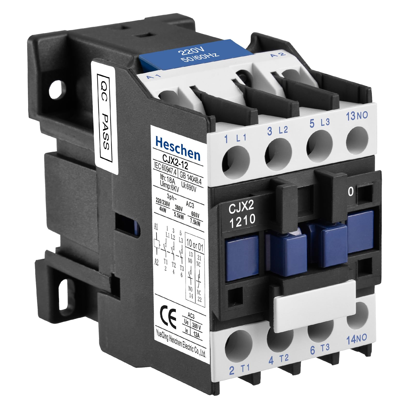 Heschen AC Contactor, CJX2-1210, 220V 50/60Hz Coil, 3P, 3 Pole, Normally Open, Ie 12A, Ue 380V