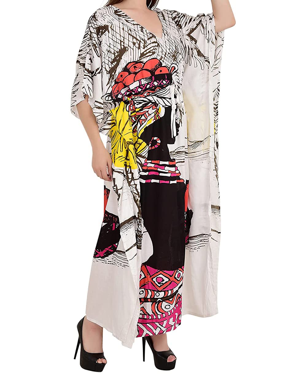 Ukal Caftan en coton pour femme - Impression numérique - Caftan - Robe longue - Longueur cheville - Sarong - Blanc - Taille unique