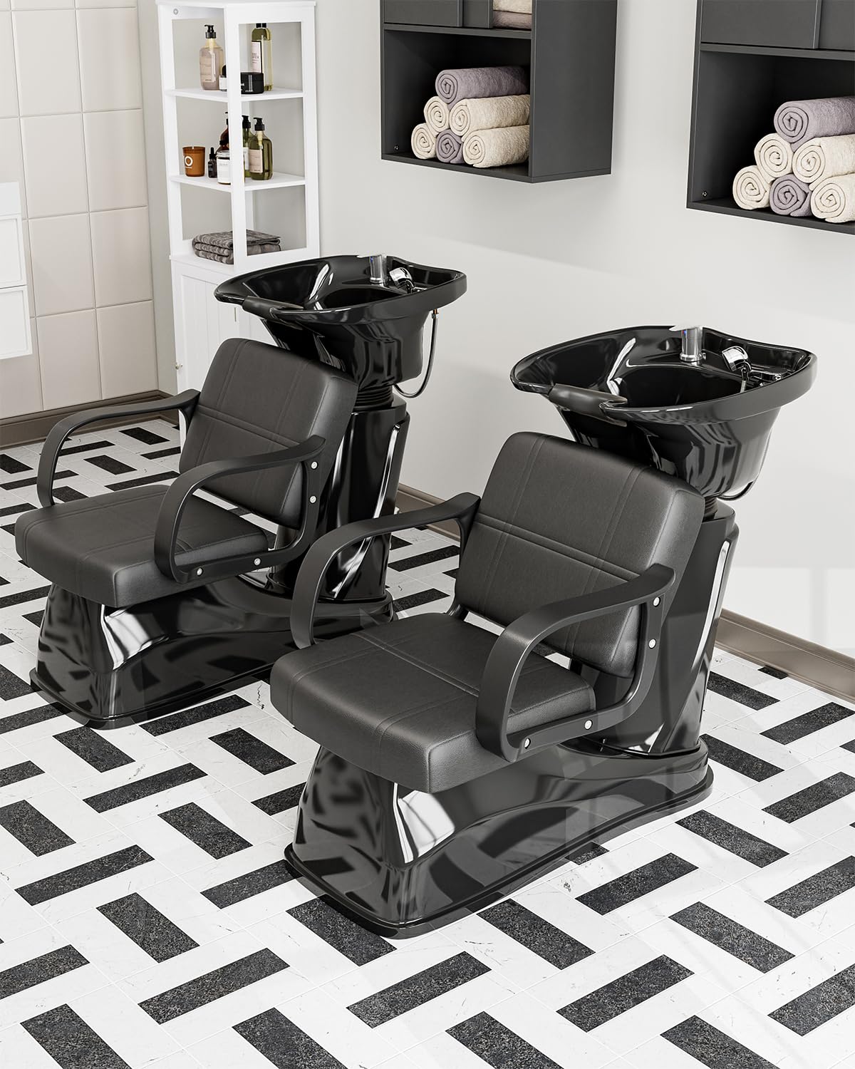 Icoget Professioneller Shampoonierstuhl mit Höhenverstellbarem Becken | Haarwaschbecken für Friseursalons & Barbershops | Ergonomischer Stuhl mit PU-Leder | Neigbares Becken aus PP-Kunststoff