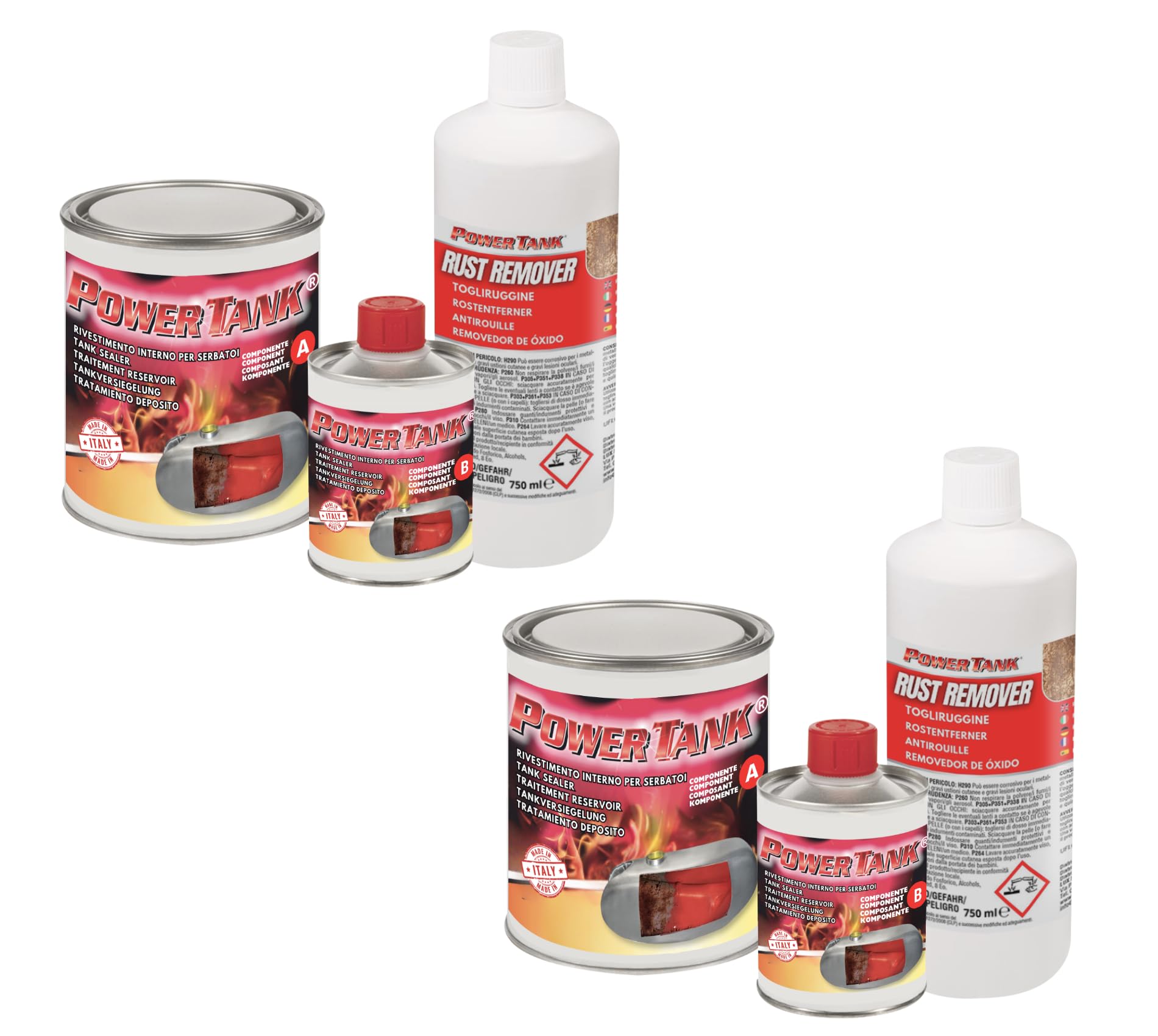 POWER TANK - 2 Kit Tratamiento Tanque Deposito Auto (50/55 LT) Grande Rojo 1,3 kg para Interior Tanques de Gasoil y Gasolina Elimina Óxido Repara Protege Tanques Oxidados de Autos, Motos de Época.