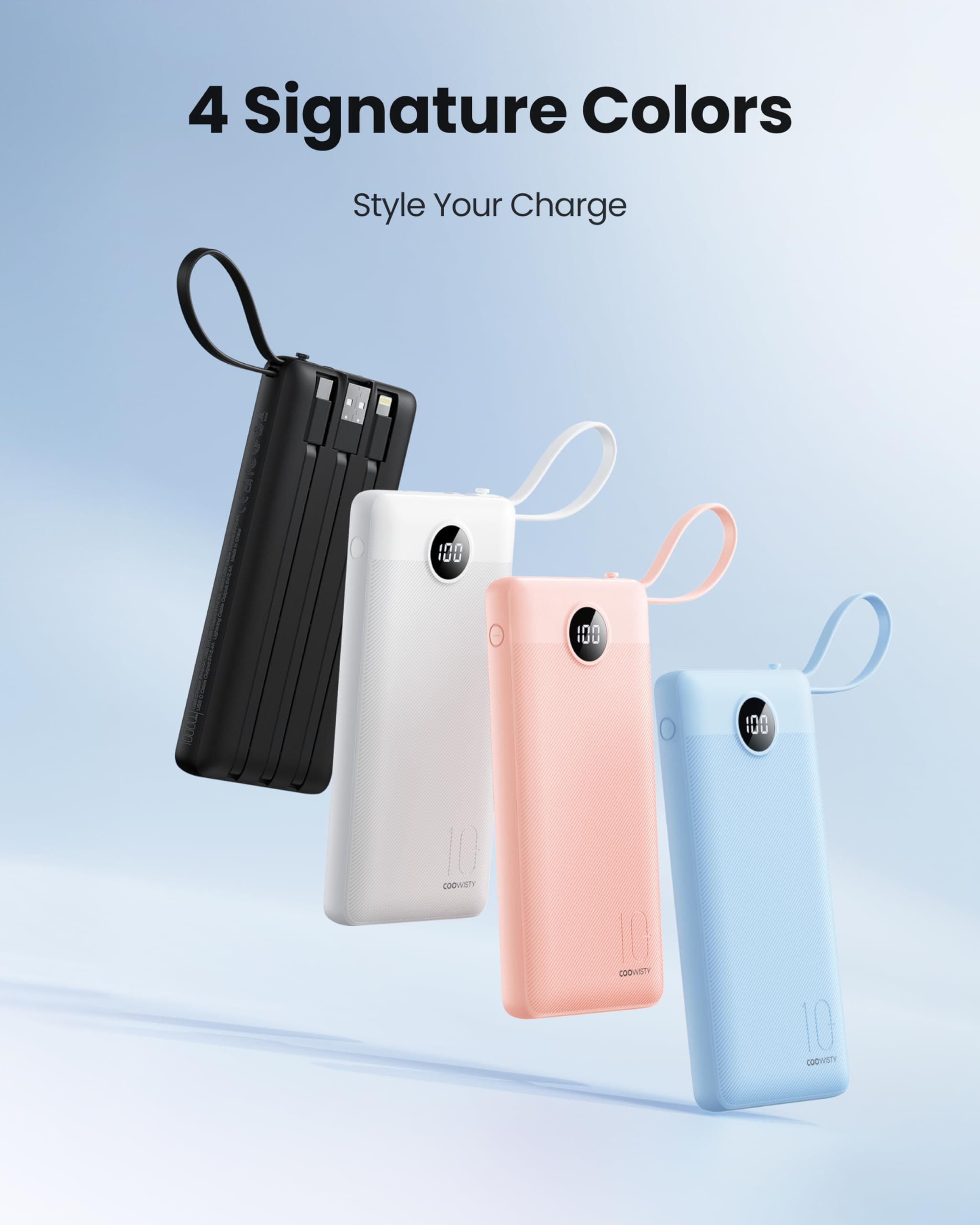 Portable Charger with Built in Cables, Slim 10000mAh Power Bank with USB C, External Battery Pack 5 Outputs 2 Inputs LED Display Compatible with iPhone/Android & More (Black)