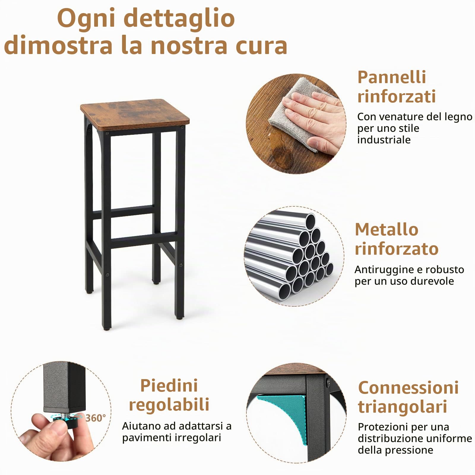 LIFEZEAL Set di 2 Sgabelli da Bar, Sgabello da Cucina, Sgabello Alto, con Poggiapiedi, Acciao+Legno, Peso Max 150kg, 30x30x71,5 cm, per Ristorante, Sala da Pranzo, Montaggio Facile, Stile Industriale