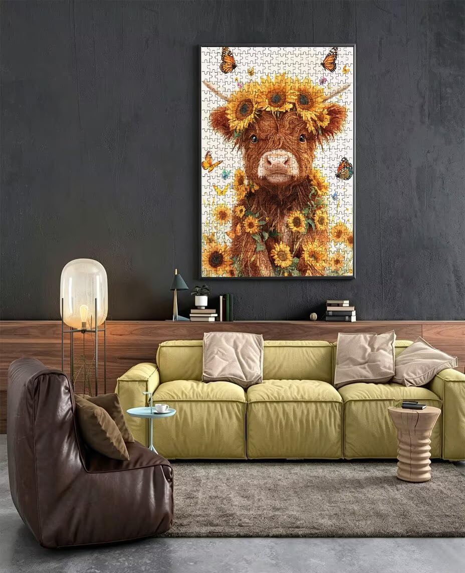 Puzzle 1000 elementów, Sunflower Highland Krowa Puzzle dla dorosłych 1000, niemożliwe klasyczne układanki, drewniane układanki, gra rodzinna, do gry edukacyjnej wyzwanie, dekoracja prezent BXHZW5-921