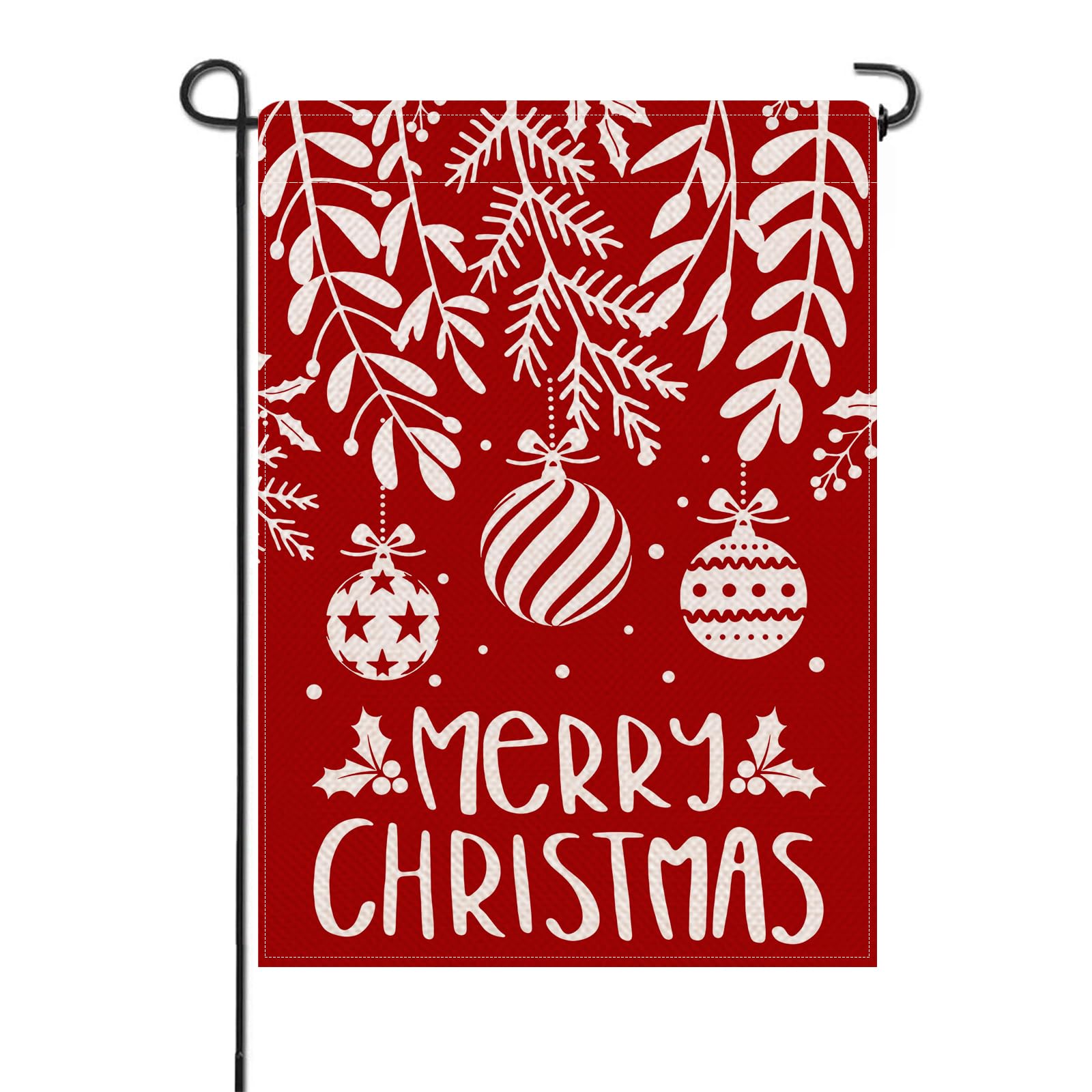 Merry Christmas Ball Small Decorative Garden Flag, Xmas Ornament Holly Red Berries Plants Leaves Yard Lawn Outside Decor, Winter Holiday Farmhouse Outdoor Home Decoration Double Sided 12 x 18