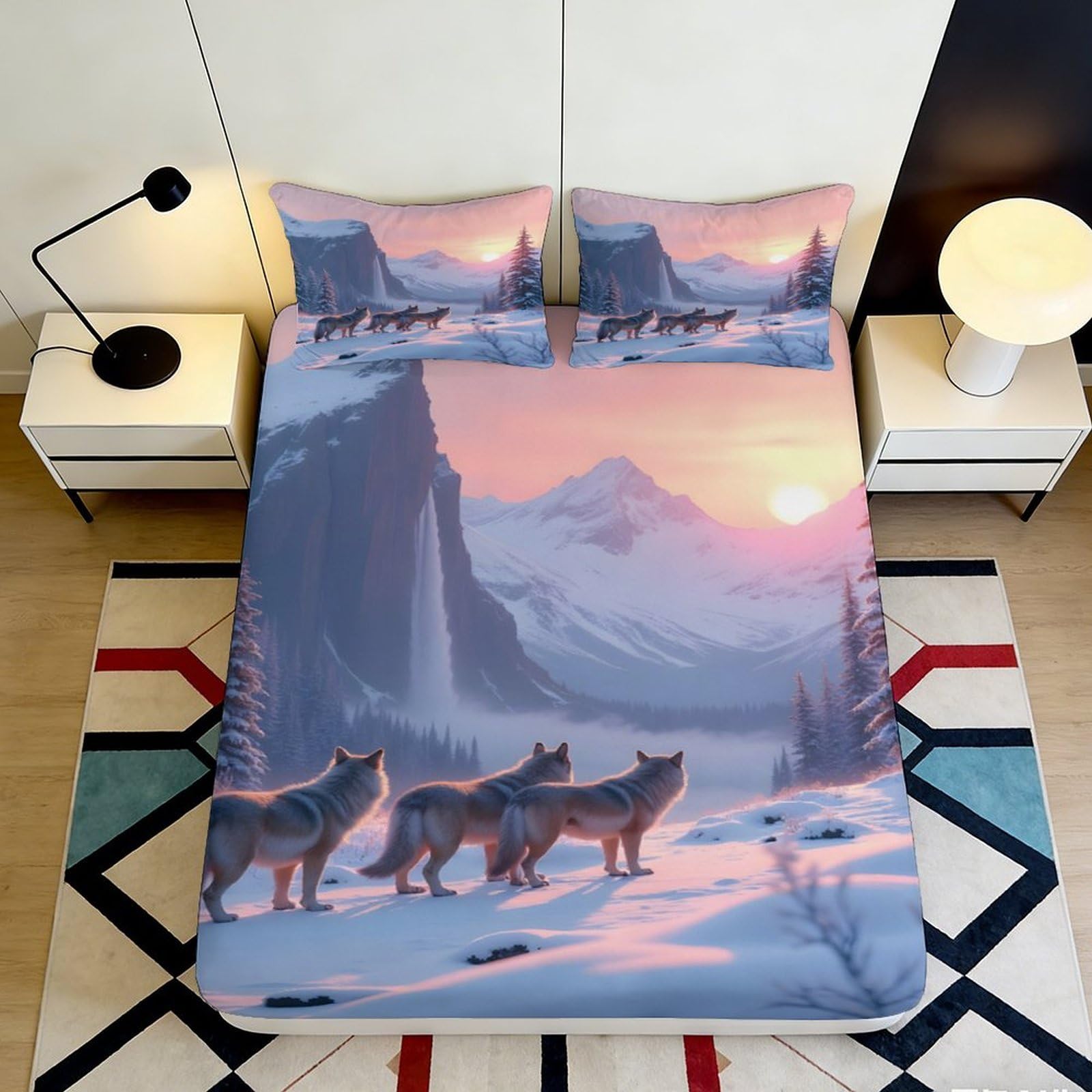 3D Printed Winter Wolf Fitted Sheet Microfiber Soft Durable Snow Landscape Bed Cover for Bedroom Dormitory Guest Room Mattress Protection 160x200x25cm