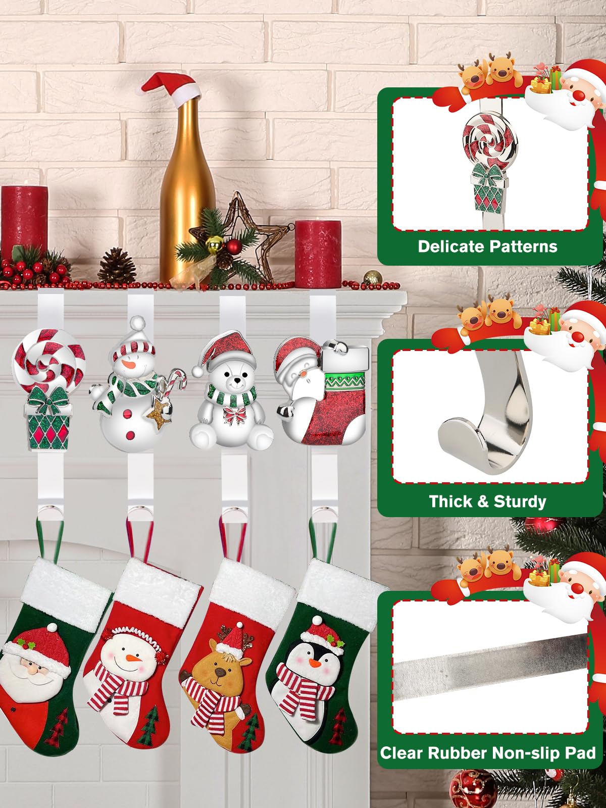 Kalolary Portacalze di Natale per Camino, 4 Pezzi Ganci Antiscivolo per Calze Natalizie, Babbo Natale, Pupazzo di Neve, Orso, Lecca-lecca - Ganci di Metallo per Decorazione
