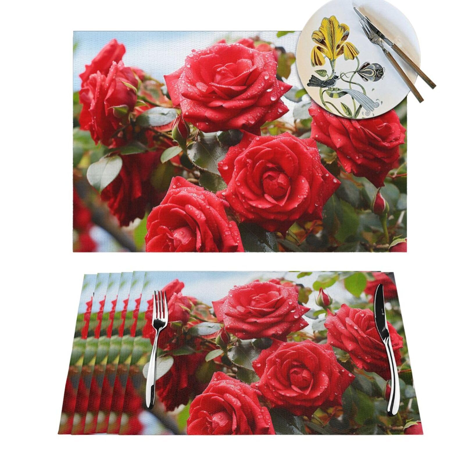 Set de table en vinyle tressé lot de 6 lavables à motif roses rouges pour cuisine