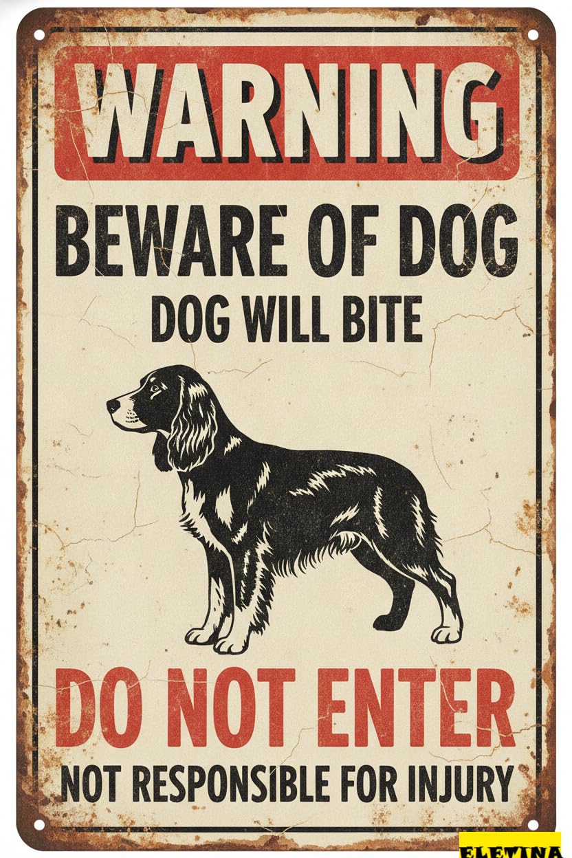 Warning Beware Dog Will Bite English Springer Aluminum Tin Sign Outdoor Yard Fence Home Farm 8x12in