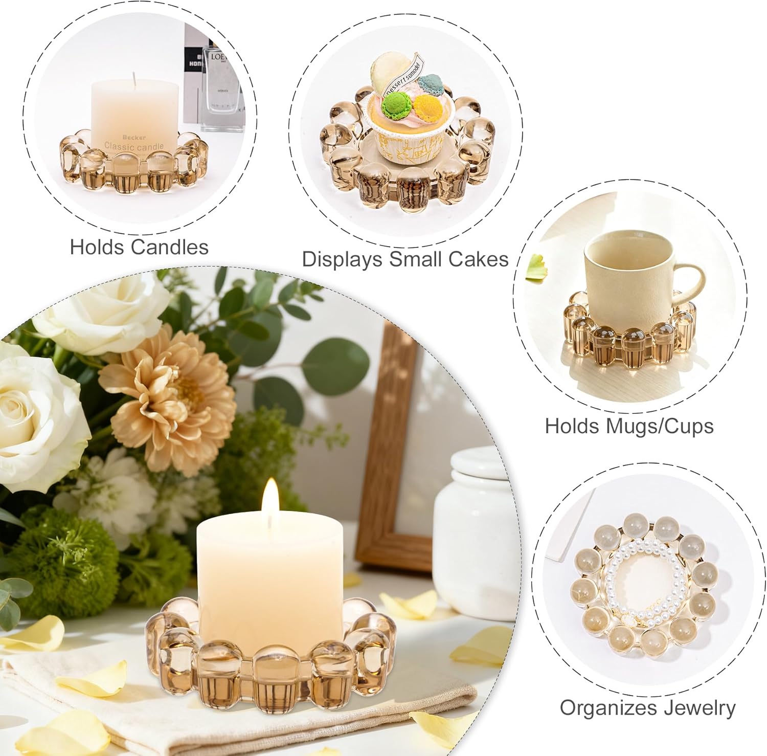 Rancco Bubble Candle Dish Glass Candle Holder Tray, Round Pillar Candlestick Plate Stand for Table Centerpieces, Modern Decorative, Home Decor, Party, Wedding, Suitable for Large Cylindrical Candles