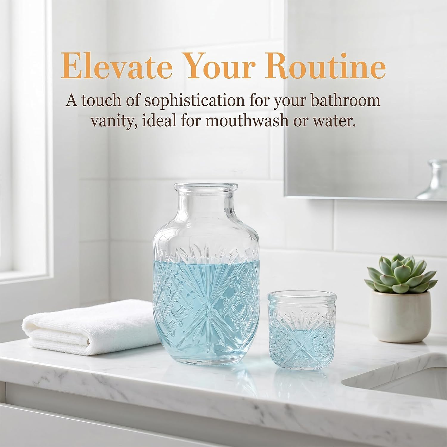 Bedside Water Carafe and Glass Set, Water Carafe with Cup for Bedroom Nightstand, Cup Doubles as Lid, Mouthwash Decanter for Bathroom or Guest Room