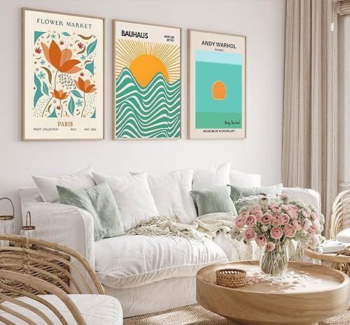 Miniatura 2 de Bauhaus - 3 piezas de arte de pared moderno de mediados de siglo, diseño de flores retro, impresiones de lienzo verde y naranja, bohemio,