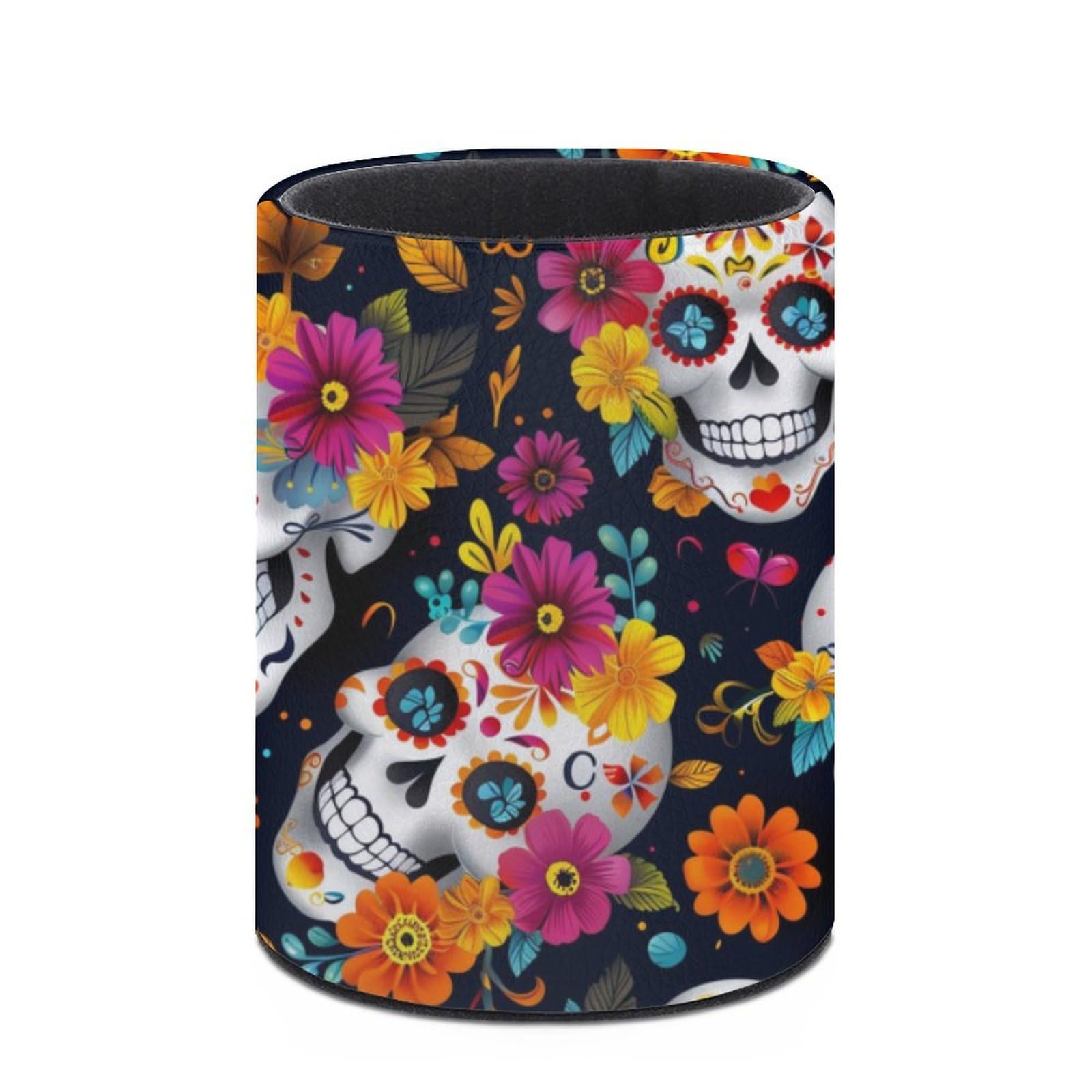 Pot à crayons rond en cuir tête de mort mexicaine - Organiseur maquillage bureau multifonctions