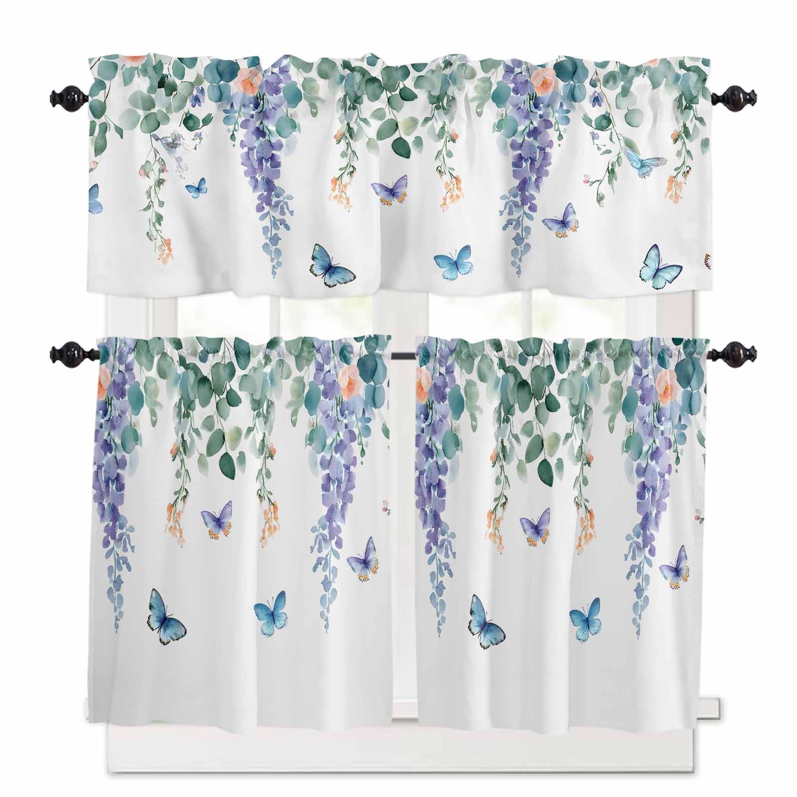Eucalyptus Leaves Kitchen Curtains 36 Inch Length,3 Piece Rod Pocket Small Half Tiers and Valance Set,Watercolor Botanical Floral Butterfly Small Large Window Treatment Decor for Bedroom/Bathroom