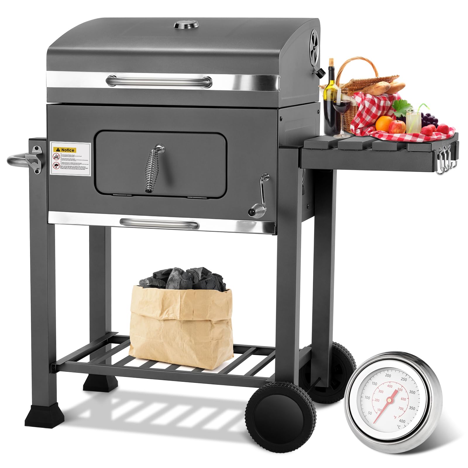 Barbecue Charbon de Bois XL, Chariot à Barbecue, Grill XL à Charbon avec Couvercle, 2PCS Roues, Thermomètre, Réglable en Hauteur, Grand Barbecue au Charbon de Bois, pour Camping et Jardin, Gris