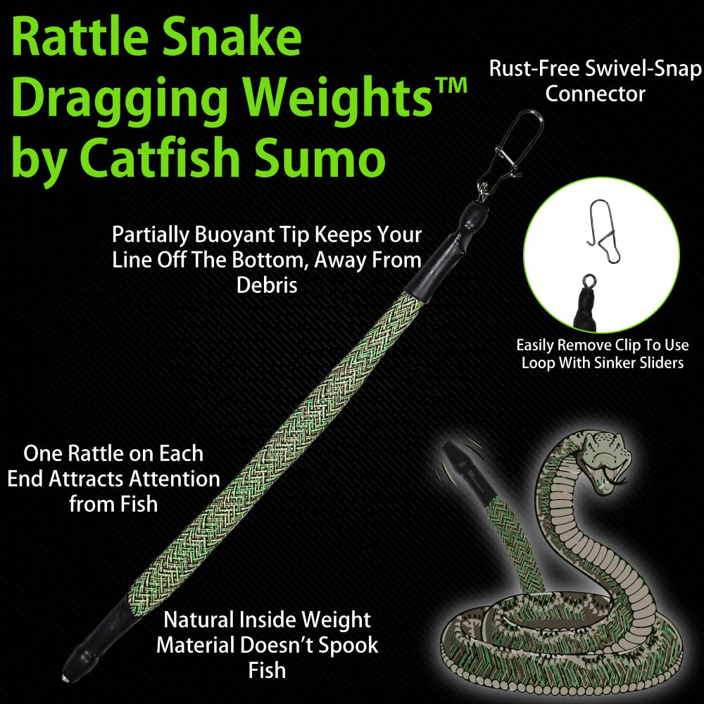Rattle Snake Dragging Weights, Snagless Sinkers for Dragging, Trolling, and Drifting. Rattles to Attract Catfish