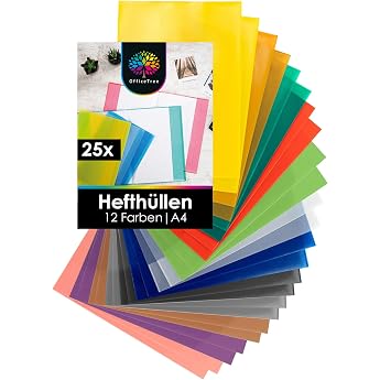 OfficeTree 25 x Book Covers A4 Colourful - 12 Colours - Notebook Covers A4 Colourful - Protective Book for School & Office - Envelopes Books Water-Repellent - Book Cover - Notebook Cover