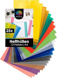 OfficeTree 25x Hefthüllen A4 Bunt - 12 Farben - Heftumschläge A4 Bunt - Schutzhülle Heft für Schule & Büro - Umschläge Hefte wasserabweisend - Hefthülle - Heftumschlag