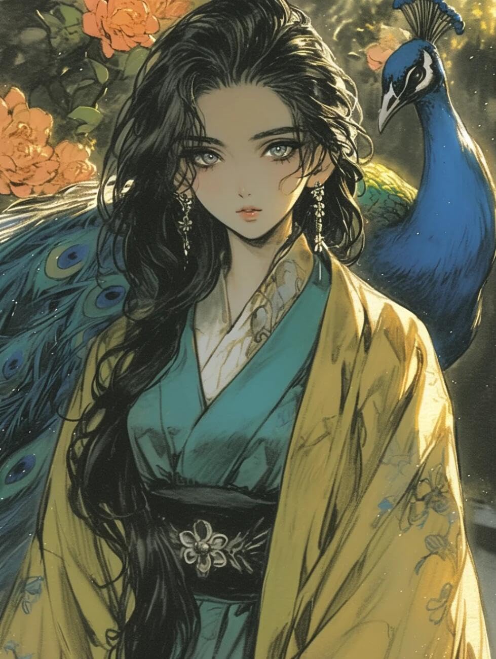 RKFLGEW Animal 14CT Cross-Stitch Kits Anime Girl and Peacock DIY Cross Stitch Patterns Kits Crafts Needlework Embroidery Set for Home Decor 40x50cm