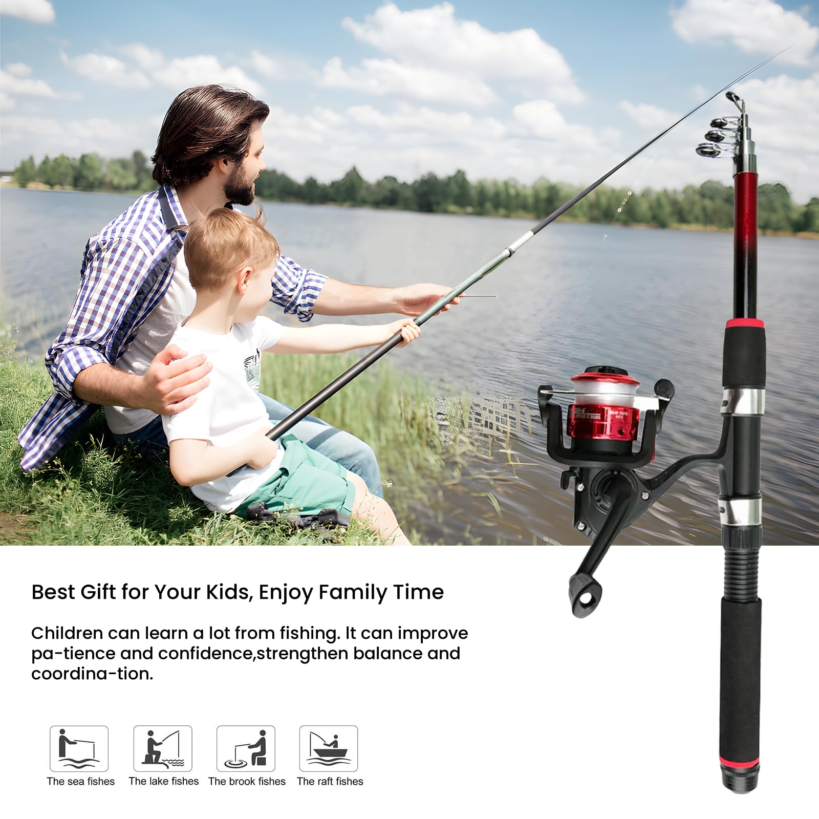 soonbuy Kids vishengel set, hengel en haspel combo set, draagbare telescopische visstok met draagtas voor vissen beginners en jongens, meisjes, jongeren 1,6 m
