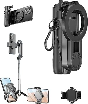 4イン1多機能360度回転磁気セルフィースティック iPhone/Android用 - ポータブル拡張三脚 取り外し可能なリモート、ユニバーサル電話マウント&メタルリング磁気またはクリップコンボ